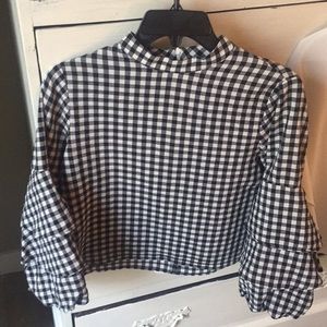 3/4 Ruffle Slv black and white gingham top